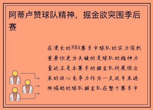 阿蒂卢赞球队精神，掘金欲突围季后赛